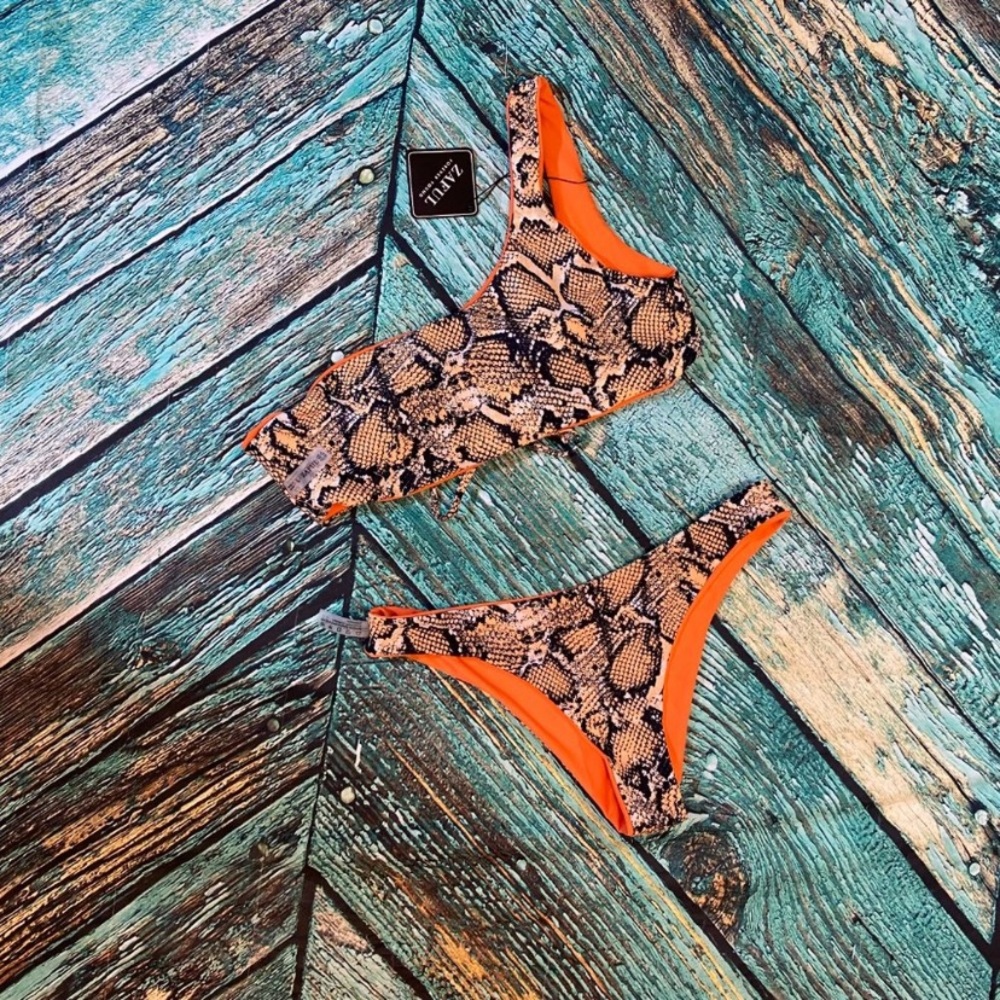 ZAFUL Reversible Snake Print One Strap Bikini Set